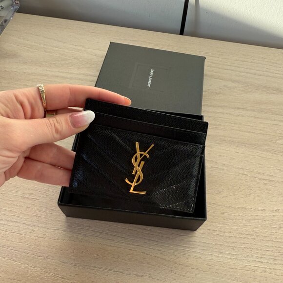 NWT Saint Laurent YSL Card Holder Chevron Pattern Black Leather Grain De Poudre - Picture 9 of 10